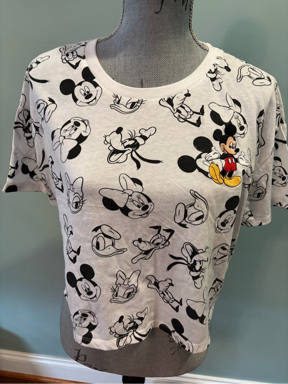 Mickey Mouse Graphic Cropped Tee - White with Black & Yellow